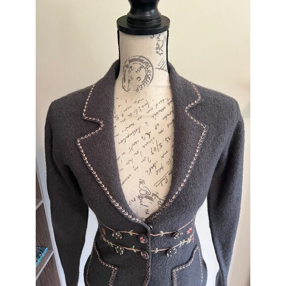 Lucidity Wool Blazer Grey Floral Embroidered Snap Button Pockets Boho Fairy S - Picture 2 of 11